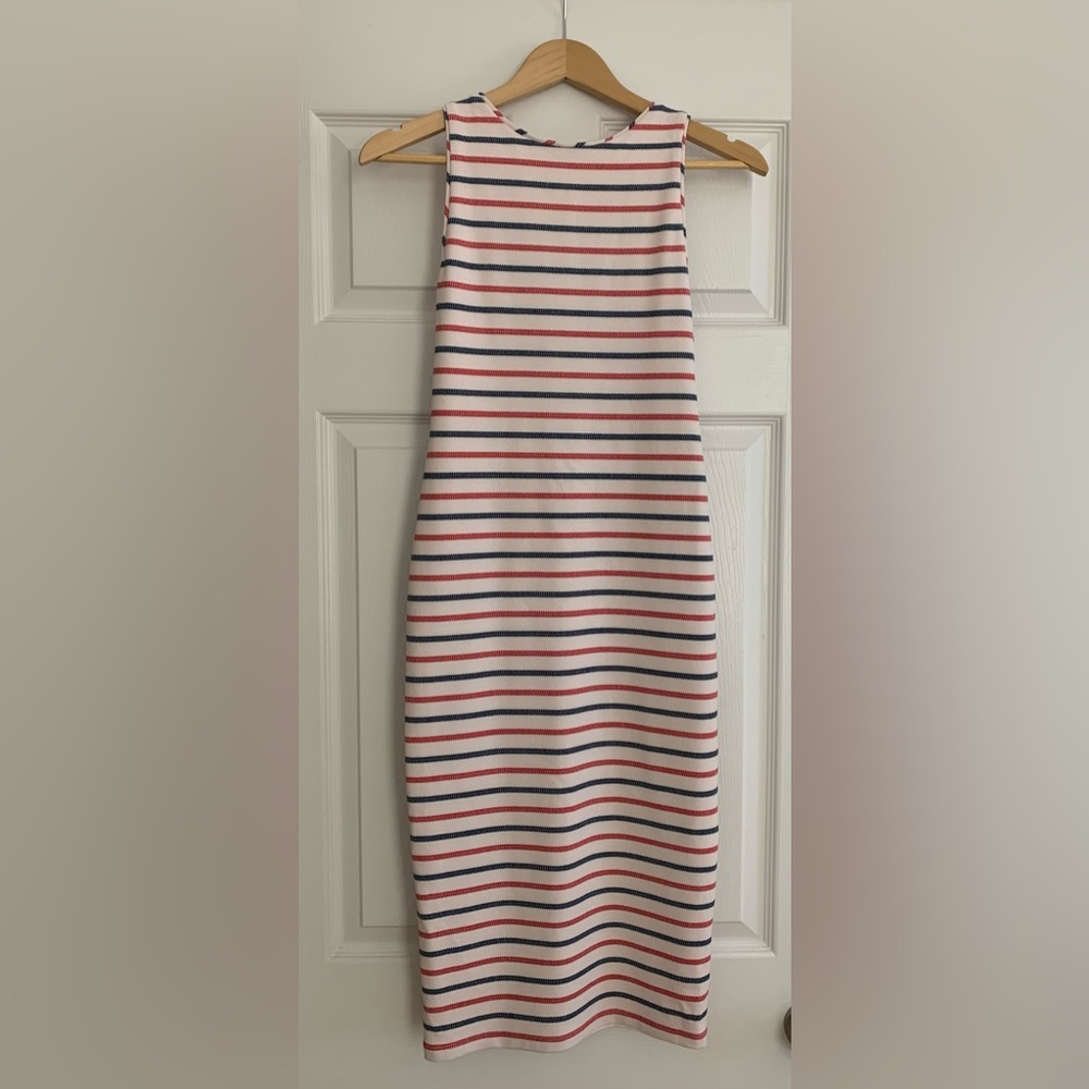 Zara Low Back Red, White, and Blue Striped Midi Dress